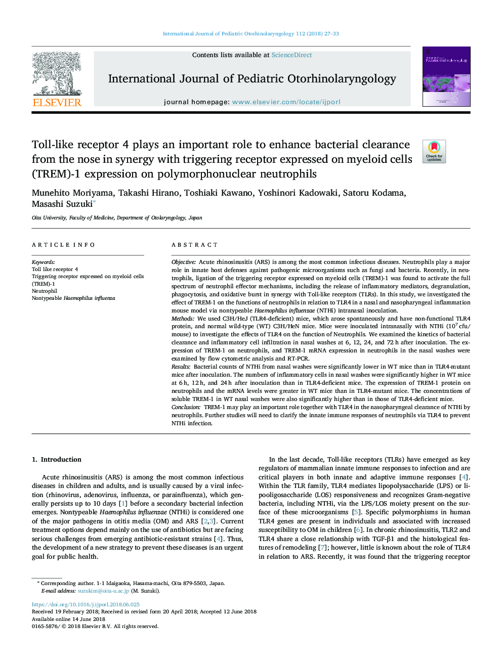 Toll-like receptor 4 plays an important role to enhance bacterial clearance from the nose in synergy with triggering receptor expressed on myeloid cells (TREM)-1 expression on polymorphonuclear neutrophils