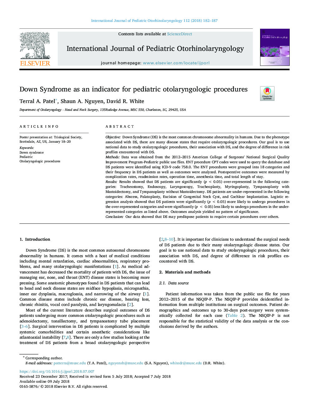 Down Syndrome as an indicator for pediatric otolaryngologic procedures