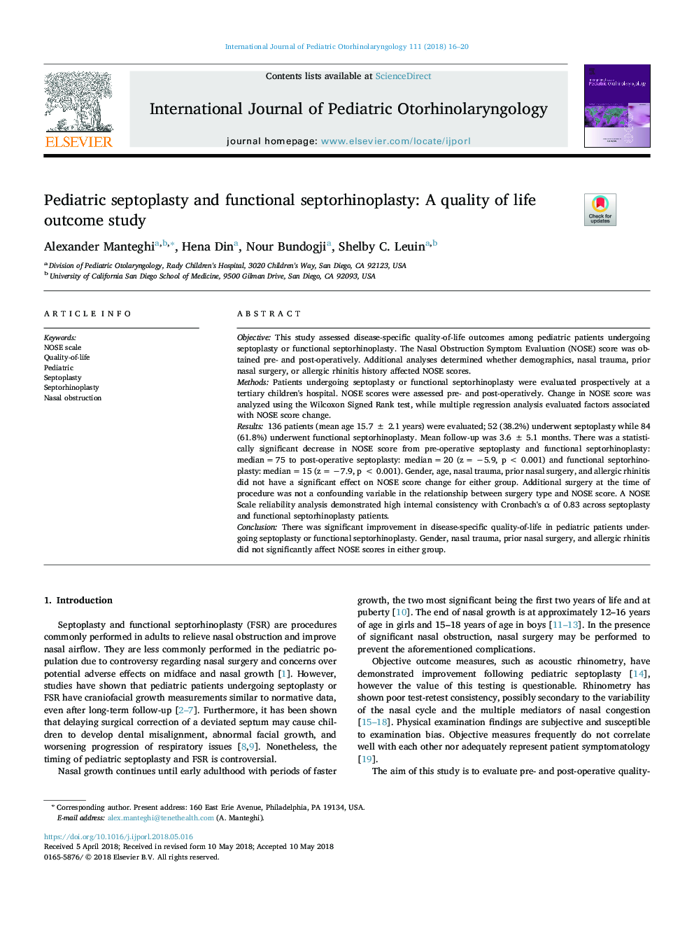 Pediatric septoplasty and functional septorhinoplasty: A quality of life outcome study