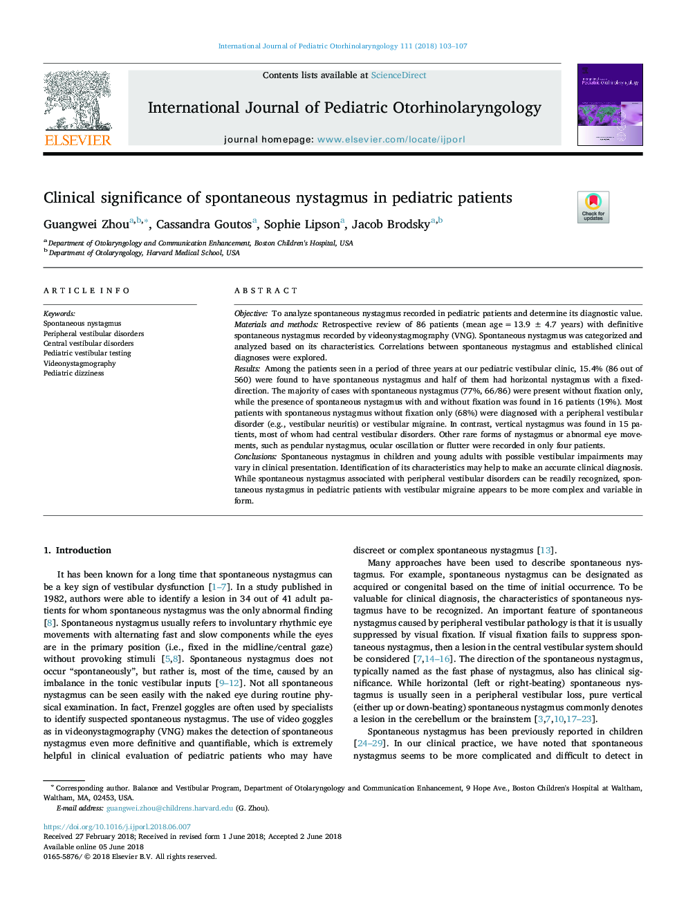 Clinical significance of spontaneous nystagmus in pediatric patients