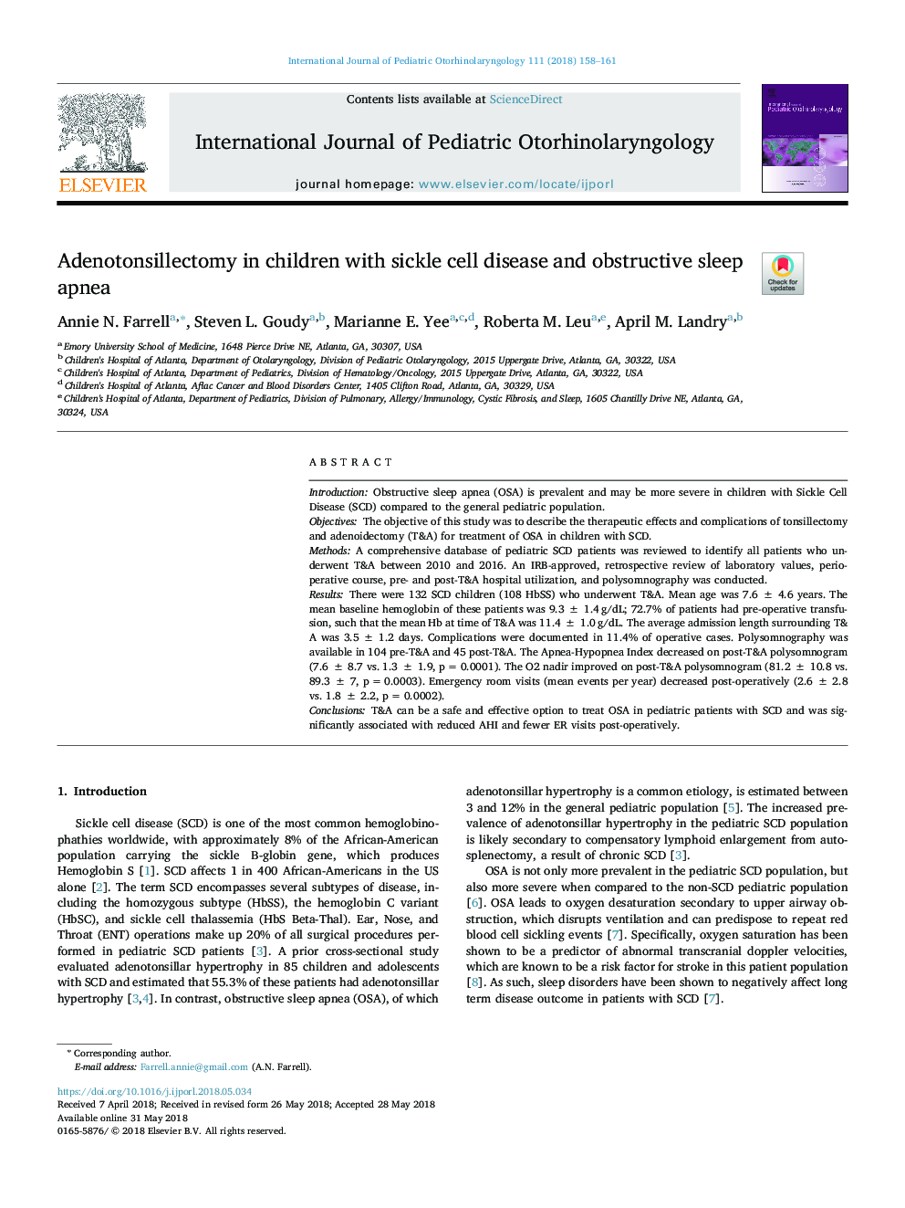 Adenotonsillectomy in children with sickle cell disease and obstructive sleep apnea