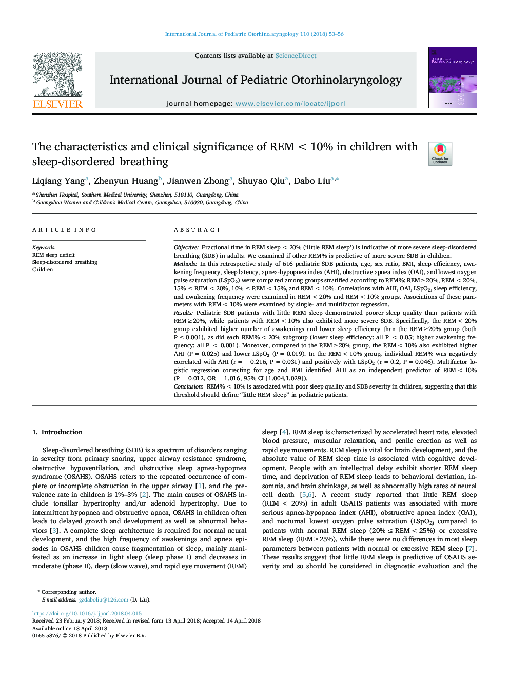 The characteristics and clinical significance of REM<10% in children with sleep-disordered breathing