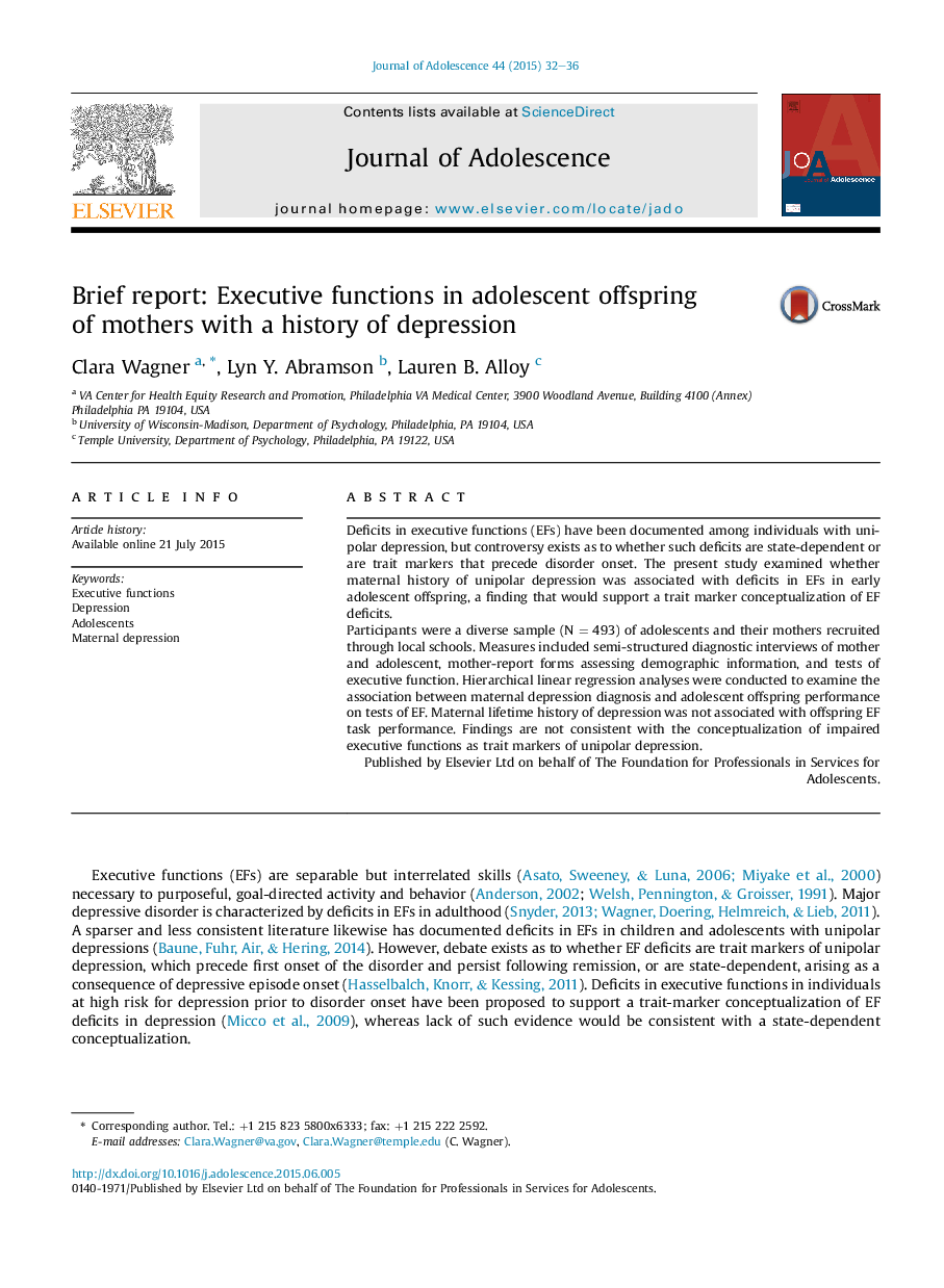 Brief report: Executive functions in adolescent offspring of mothers with a history of depression