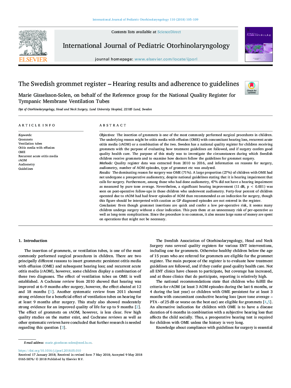 The Swedish grommet register - Hearing results and adherence to guidelines