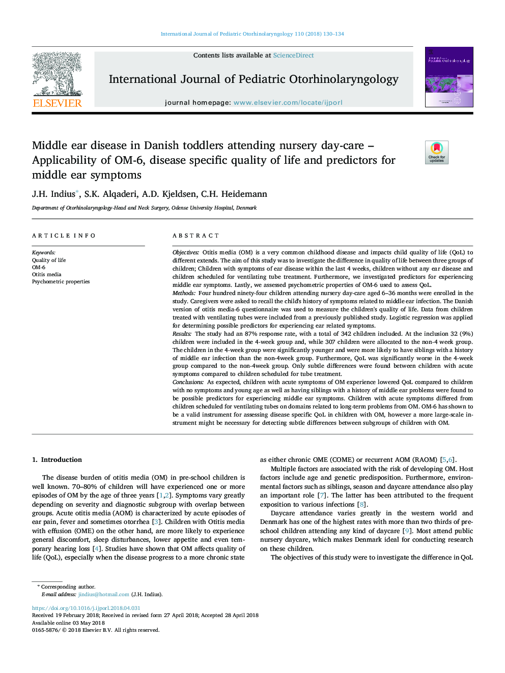 Middle ear disease in Danish toddlers attending nursery day-care - Applicability of OM-6, disease specific quality of life and predictors for middle ear symptoms