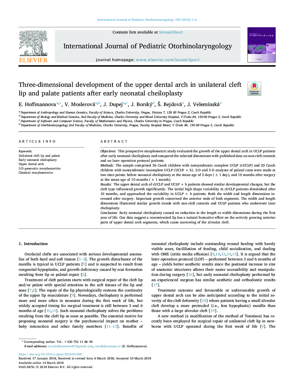Three-dimensional development of the upper dental arch in unilateral cleft lip and palate patients after early neonatal cheiloplasty