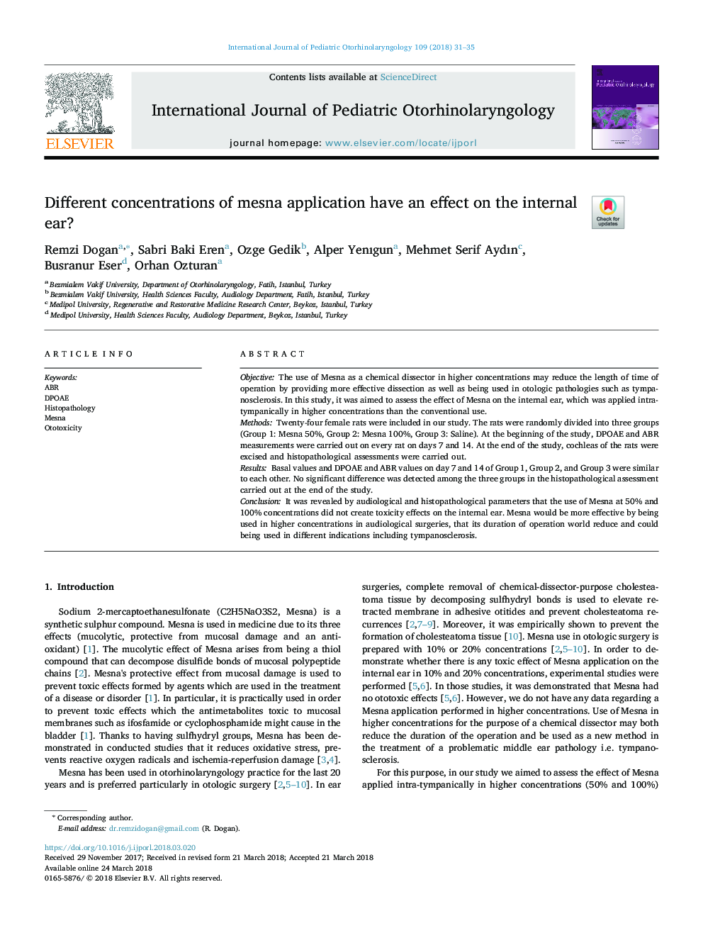 Different concentrations of mesna application have an effect on the internal ear?