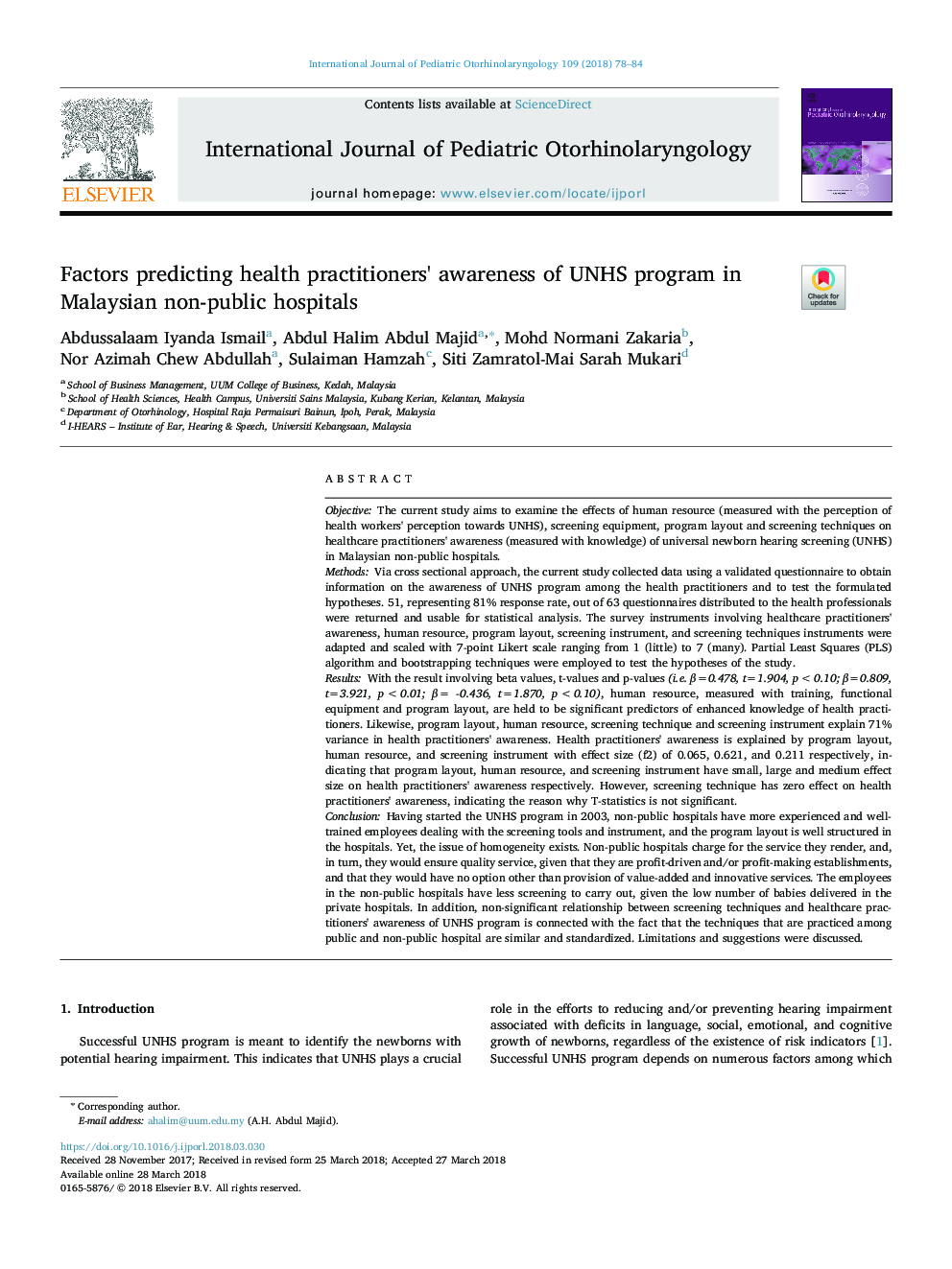 Factors predicting health practitioners' awareness of UNHS program in Malaysian non-public hospitals