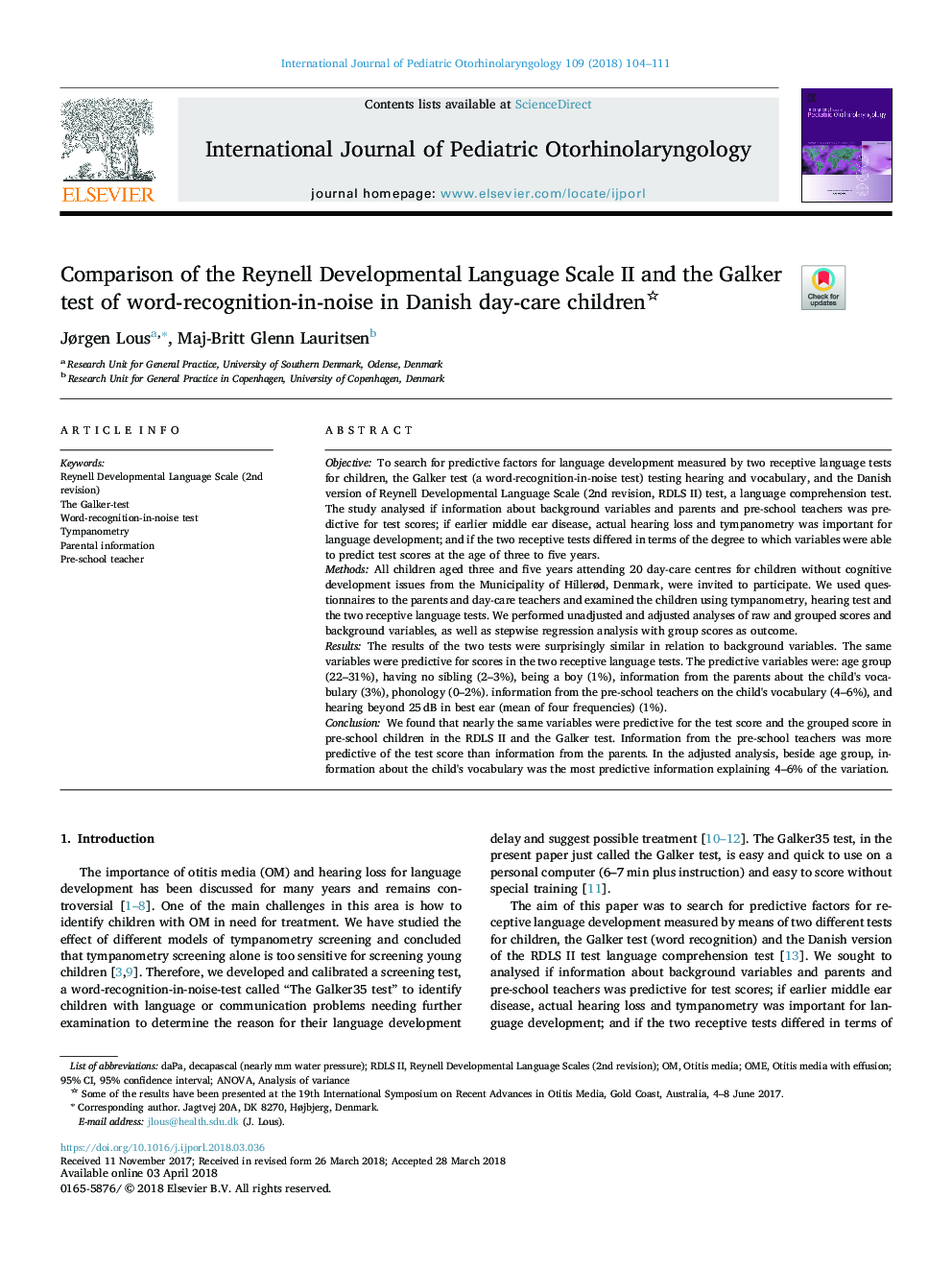 Comparison of the Reynell Developmental Language Scale II and the Galker test of word-recognition-in-noise in Danish day-care children