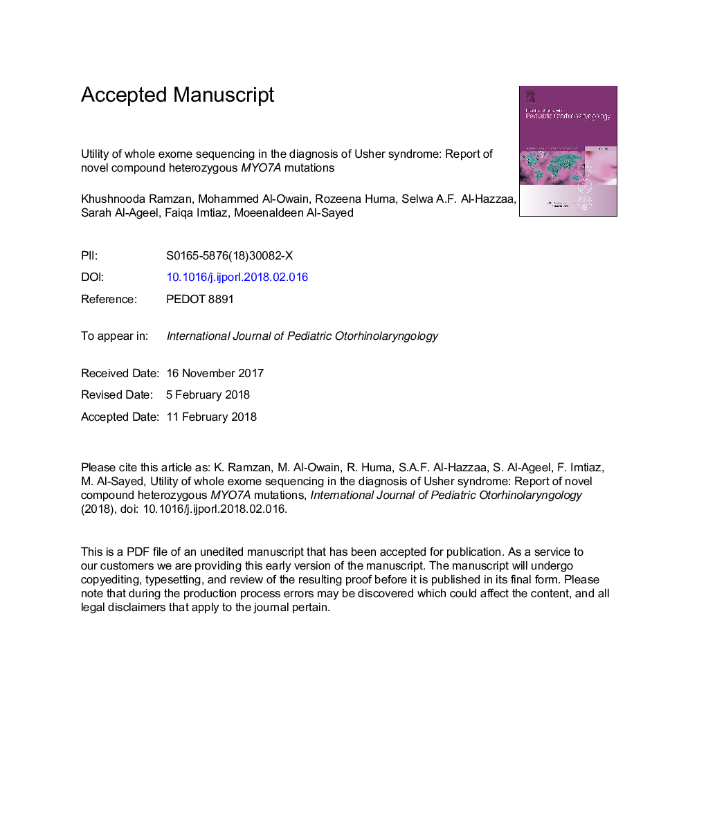 Utility of whole exome sequencing in the diagnosis of Usher syndrome: Report of novel compound heterozygous MYO7A mutations