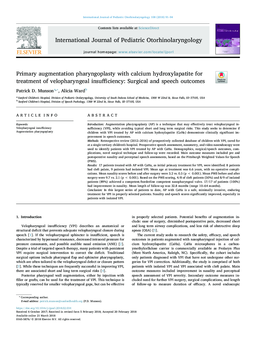 Primary augmentation pharyngoplasty with calcium hydroxylapatite for treatment of velopharyngeal insufficiency: Surgical and speech outcomes