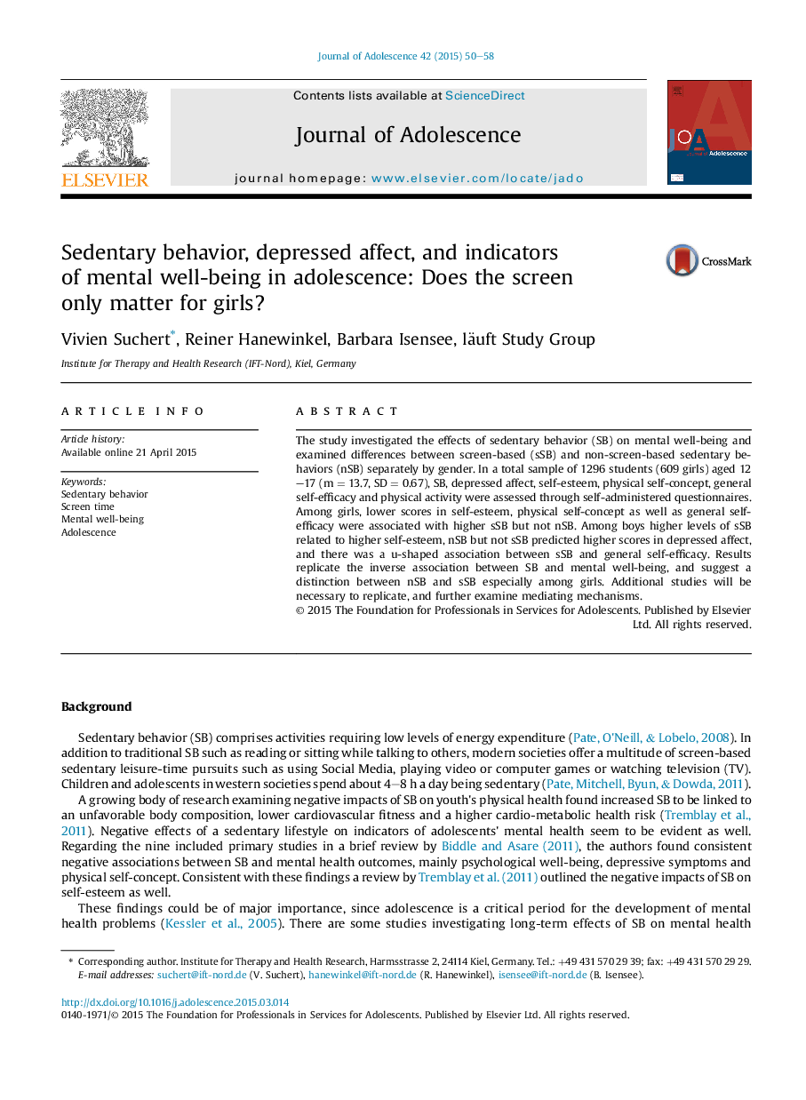 Sedentary behavior, depressed affect, and indicators of mental well-being in adolescence: Does the screen only matter for girls?