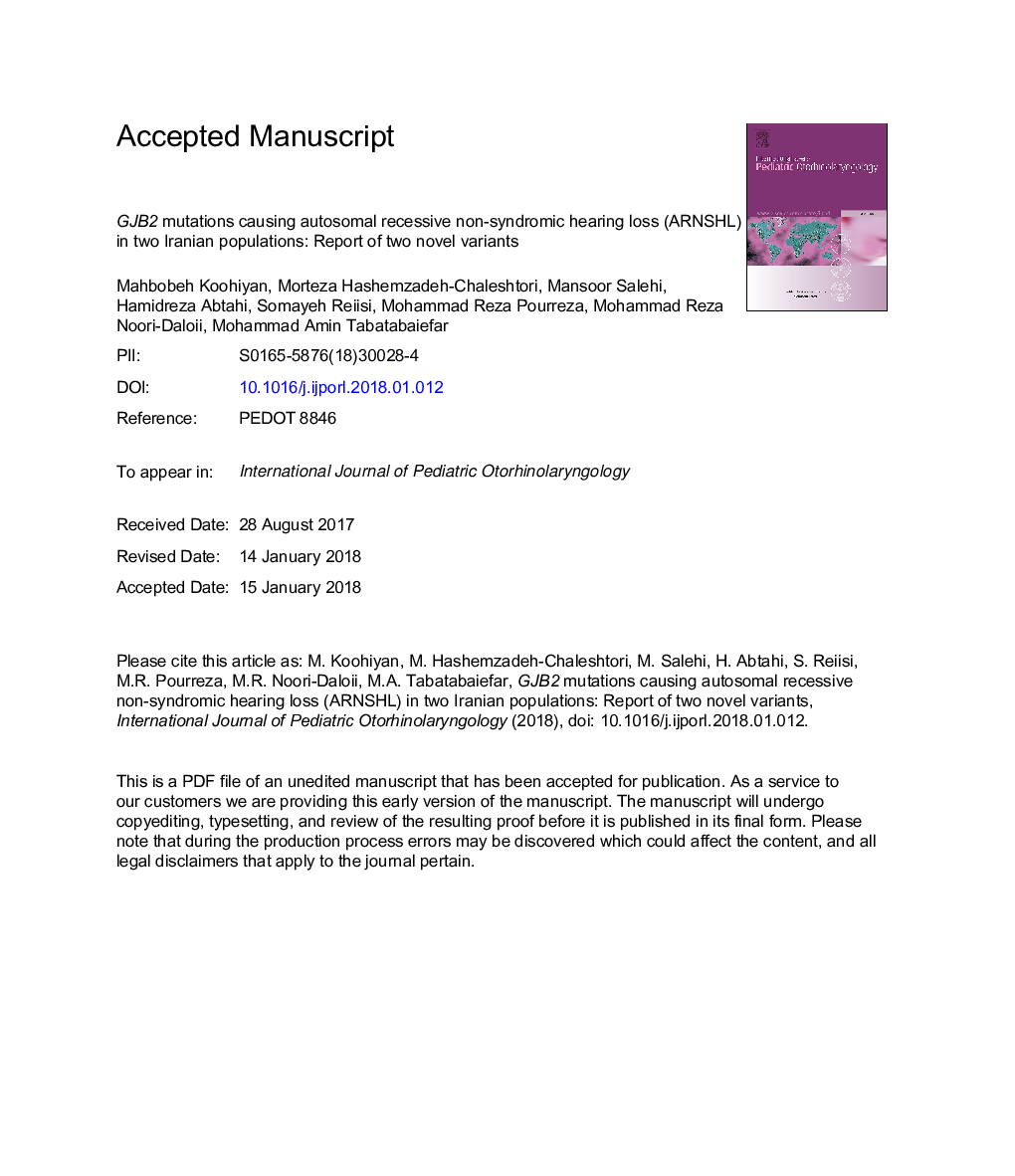 GJB2 mutations causing autosomal recessive non-syndromic hearing loss (ARNSHL) in two Iranian populations: Report of two novel variants