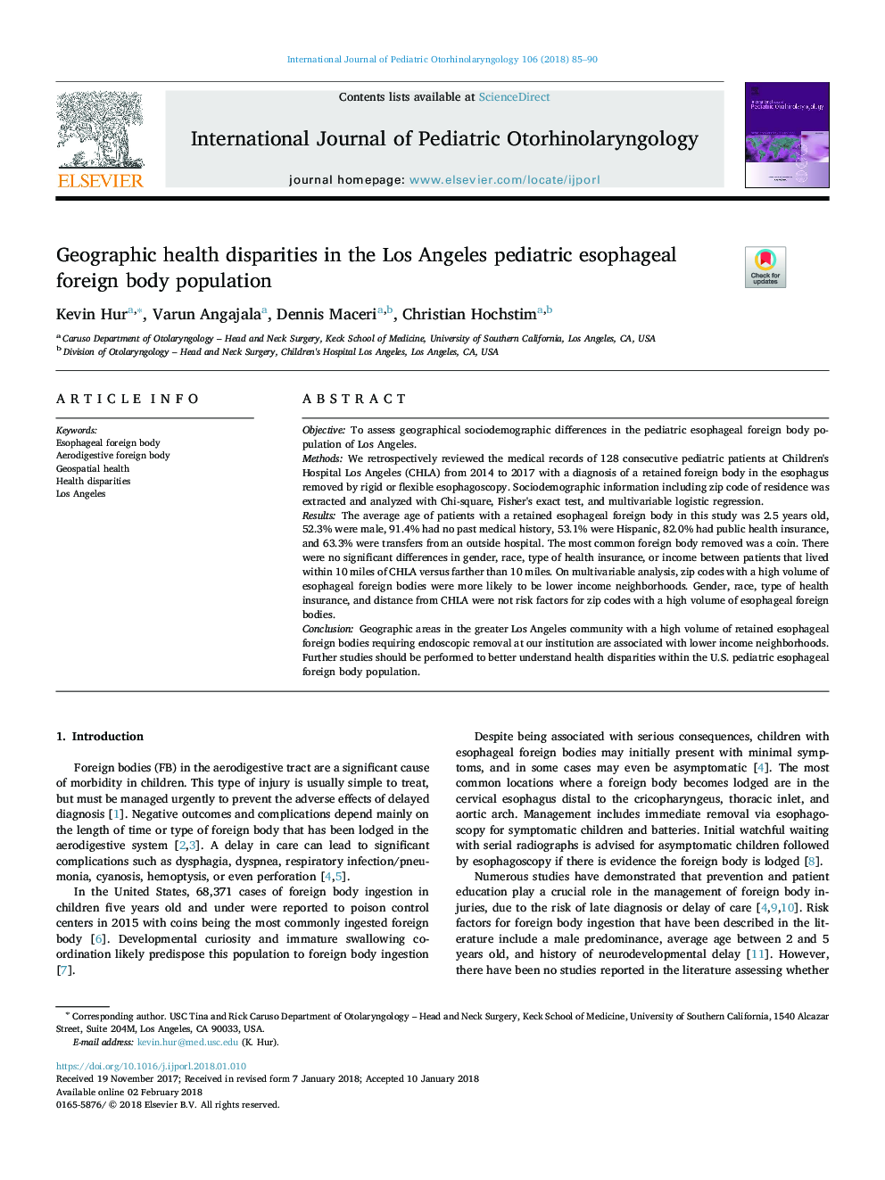 Geographic health disparities in the Los Angeles pediatric esophageal foreign body population