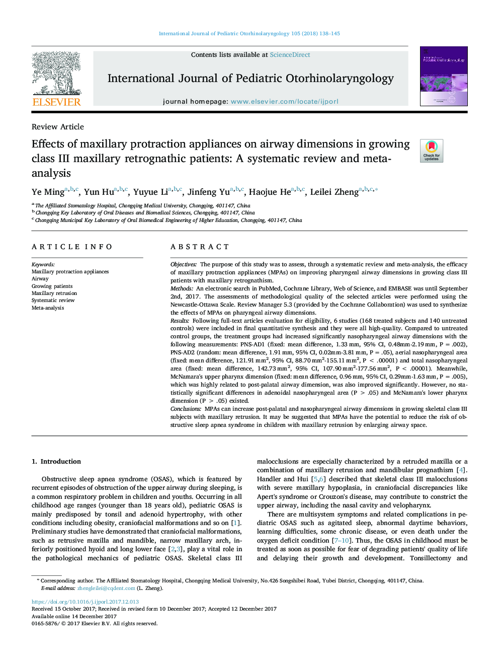 Effects of maxillary protraction appliances on airway dimensions in growing class III maxillary retrognathic patients: A systematic review and meta-analysis