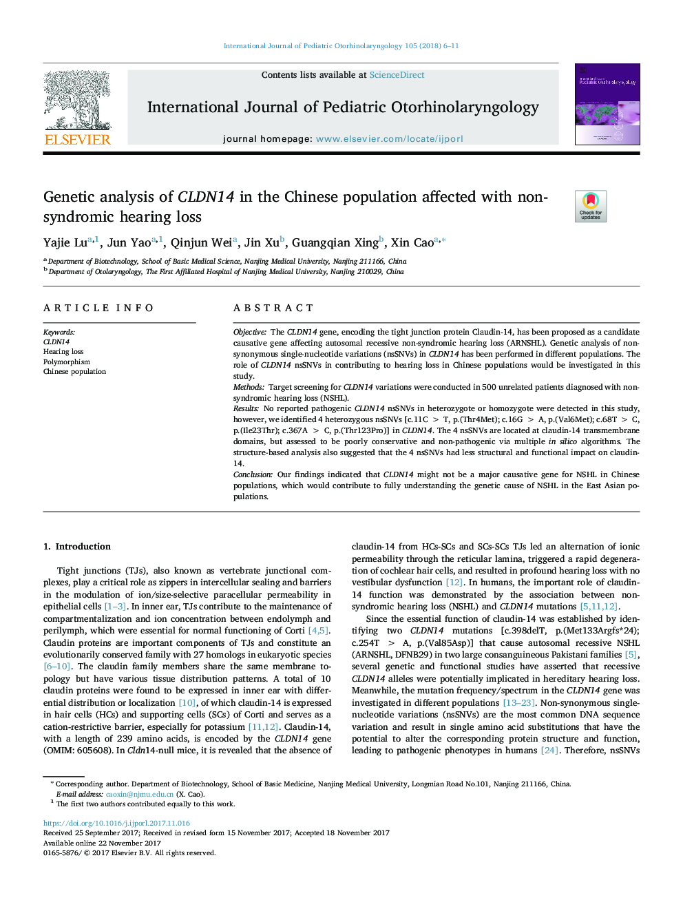 Genetic analysis of CLDN14 in the Chinese population affected with non-syndromic hearing loss