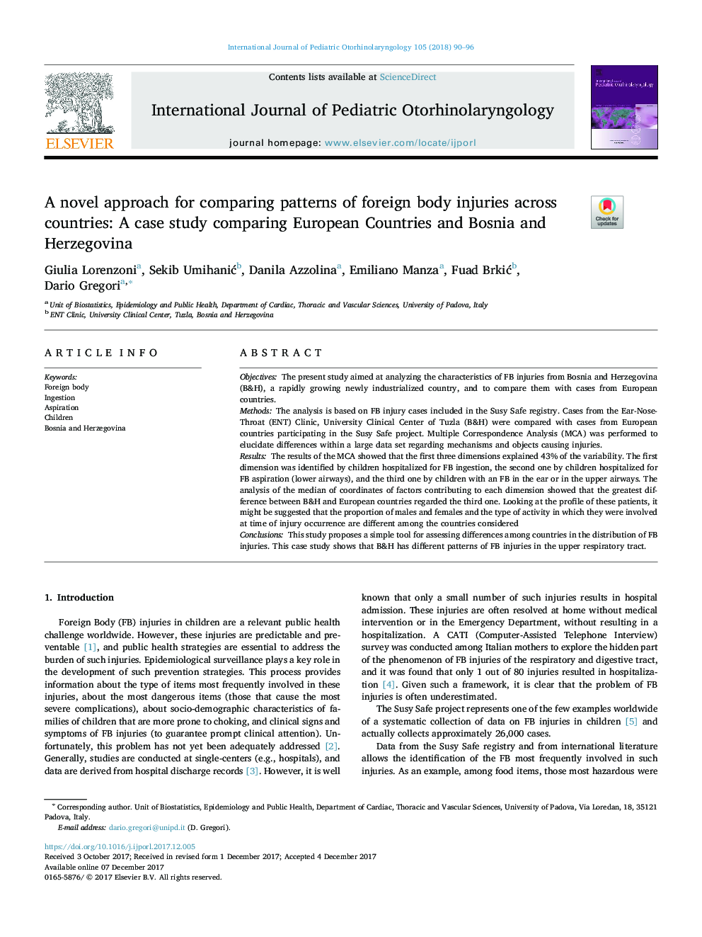 A novel approach for comparing patterns of foreign body injuries across countries: A case study comparing European Countries and Bosnia and Herzegovina