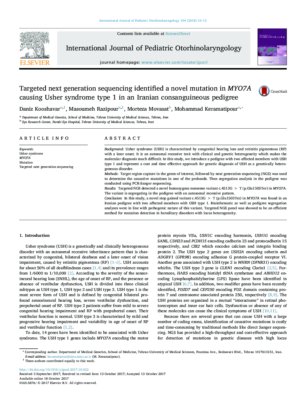 Targeted next generation sequencing identified a novel mutation in MYO7A causing Usher syndrome type 1 in an Iranian consanguineous pedigree