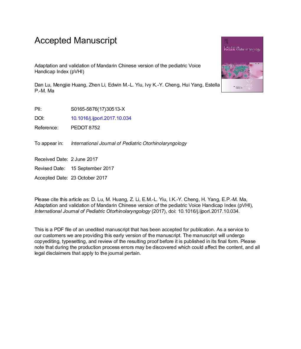 Adaptation and validation of Mandarin Chinese version of the pediatric Voice Handicap Index (pVHI)