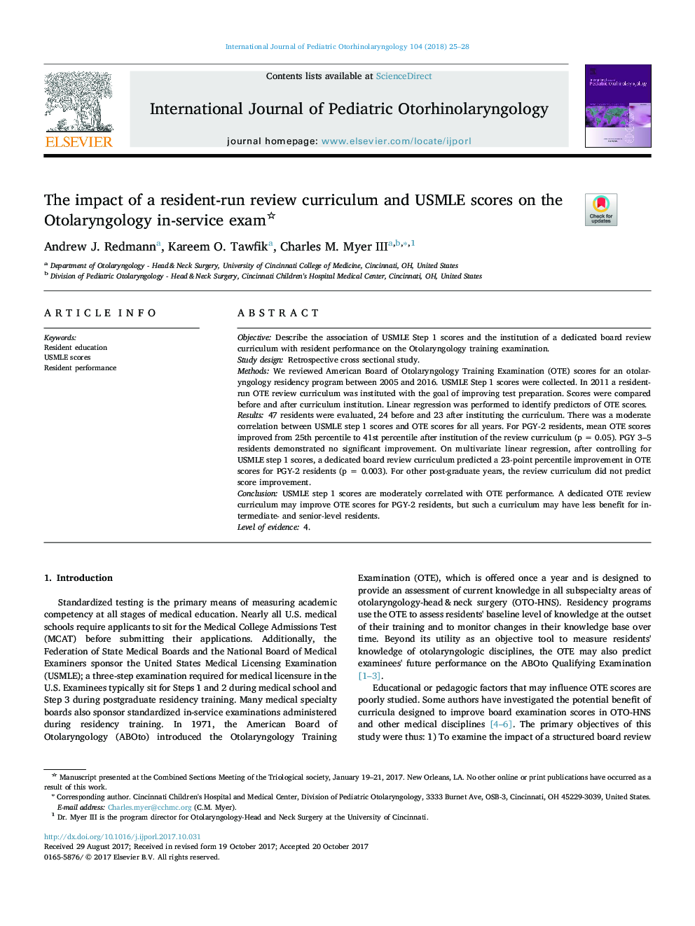 The impact of a resident-run review curriculum and USMLE scores on the Otolaryngology in-service exam