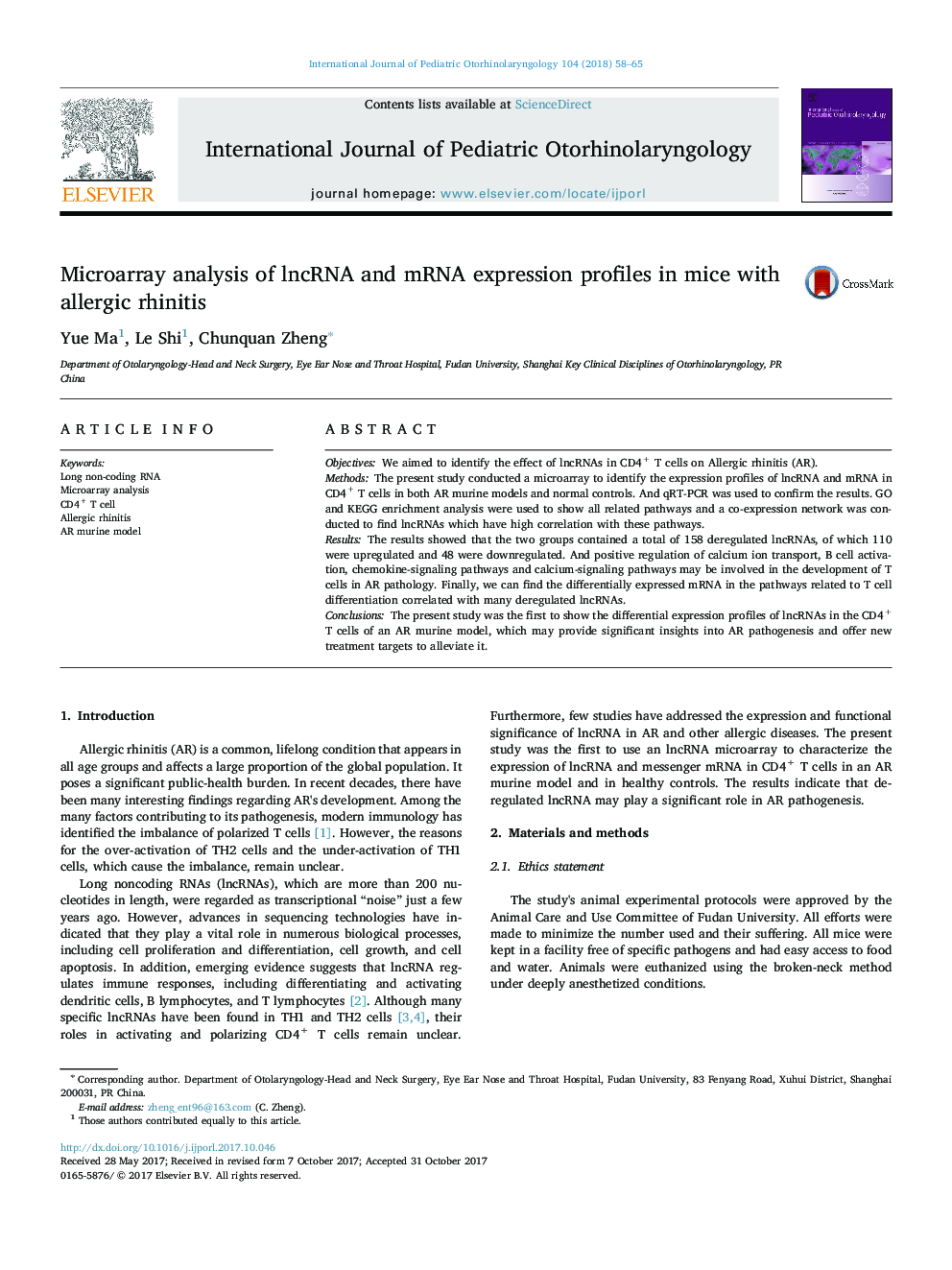 Microarray analysis of lncRNA and mRNA expression profiles in mice with allergic rhinitis