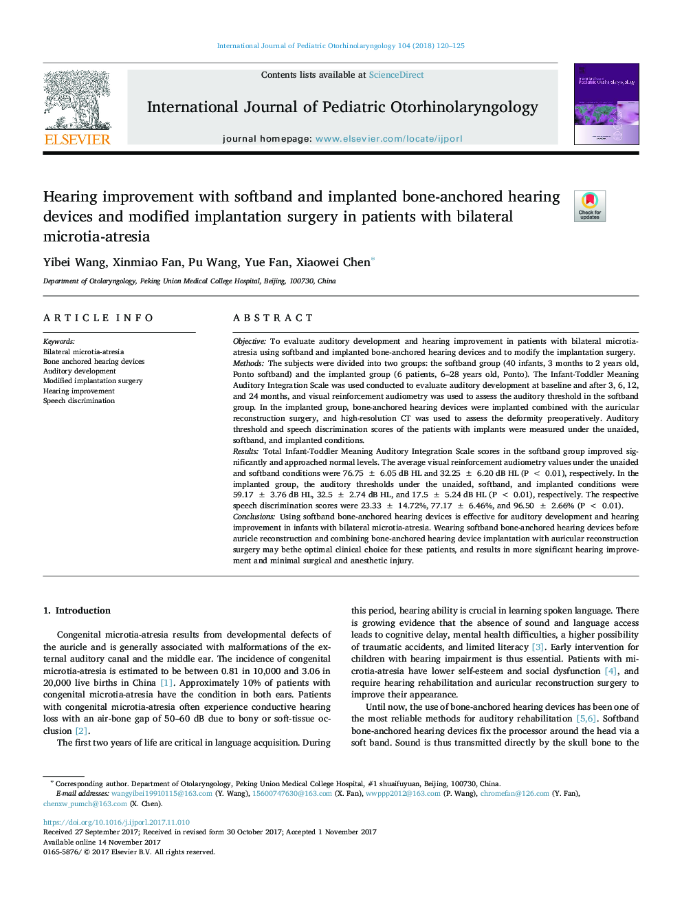 Hearing improvement with softband and implanted bone-anchored hearing devices and modified implantation surgery in patients with bilateral microtia-atresia