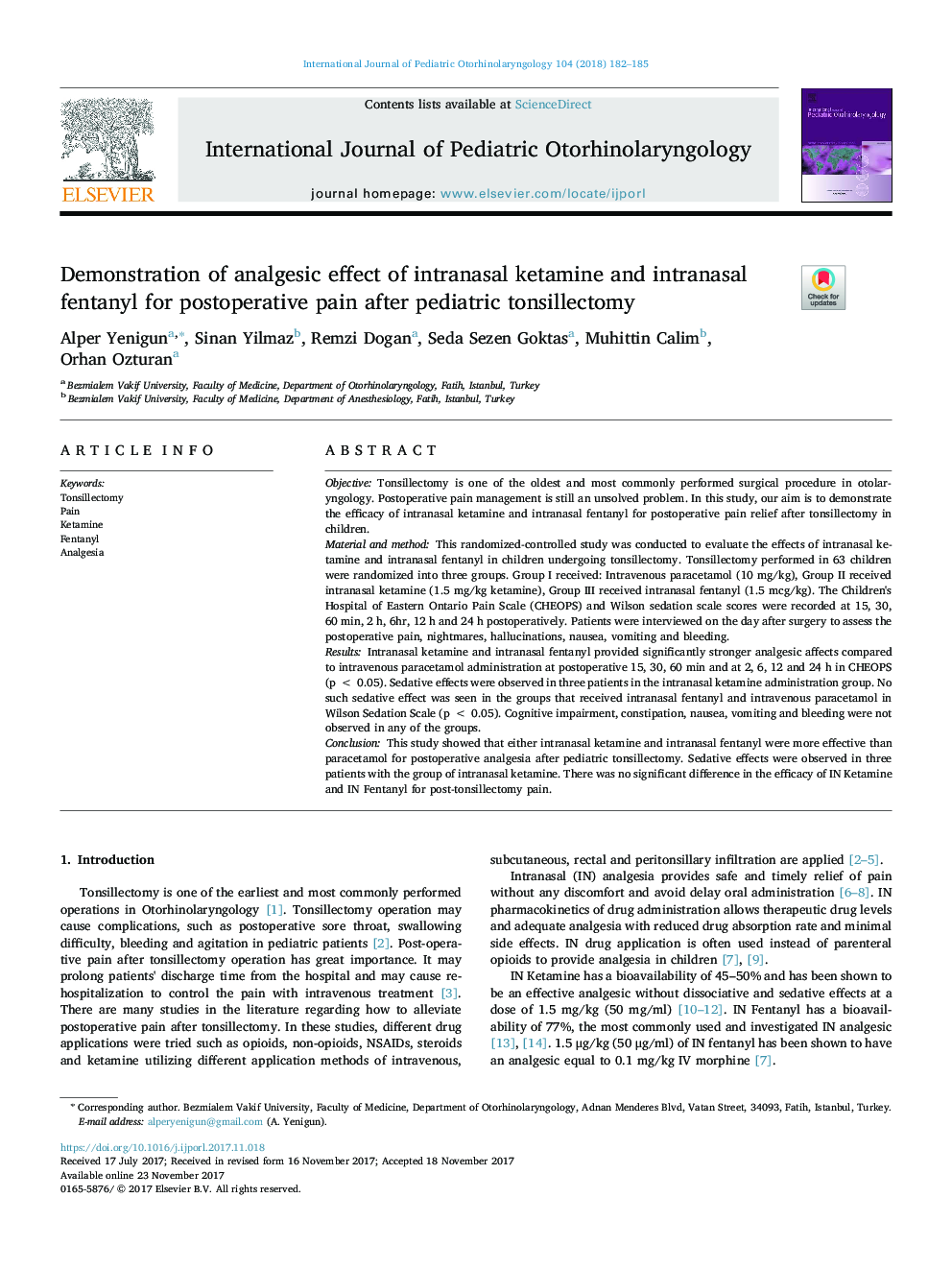 Demonstration of analgesic effect of intranasal ketamine and intranasal fentanyl for postoperative pain after pediatric tonsillectomy