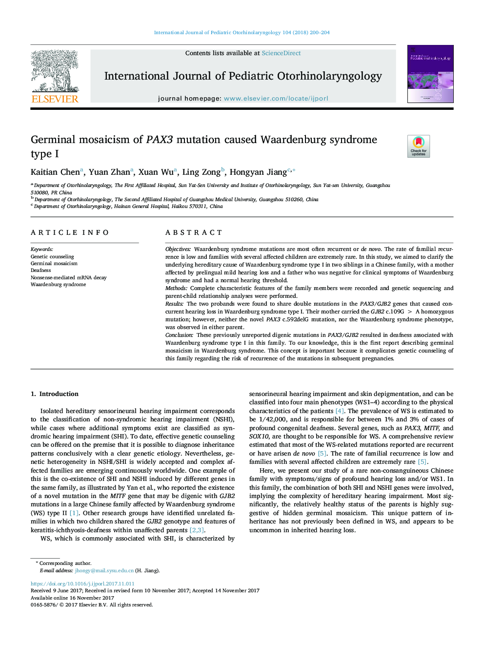 Germinal mosaicism of PAX3 mutation caused Waardenburg syndrome type I