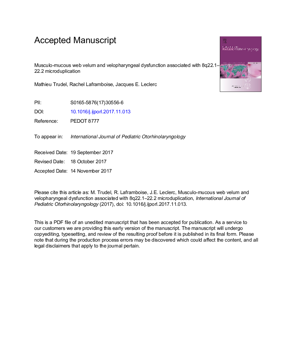 Musculo-mucous web velum and velopharyngeal dysfunction associated with 8q22.1-22.2 microduplication