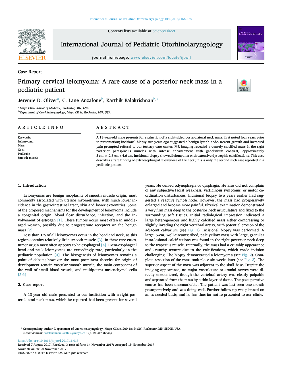 Primary cervical leiomyoma: A rare cause of a posterior neck mass in a pediatric patient