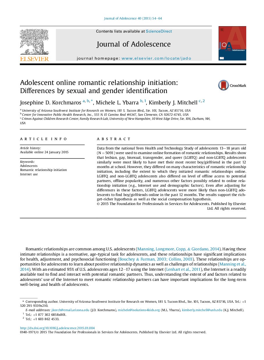 Adolescent online romantic relationship initiation: Differences by sexual and gender identification