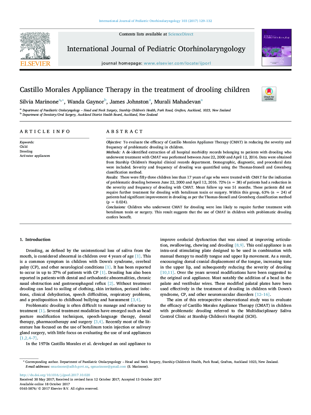 Castillo Morales Appliance Therapy in the treatment of drooling children