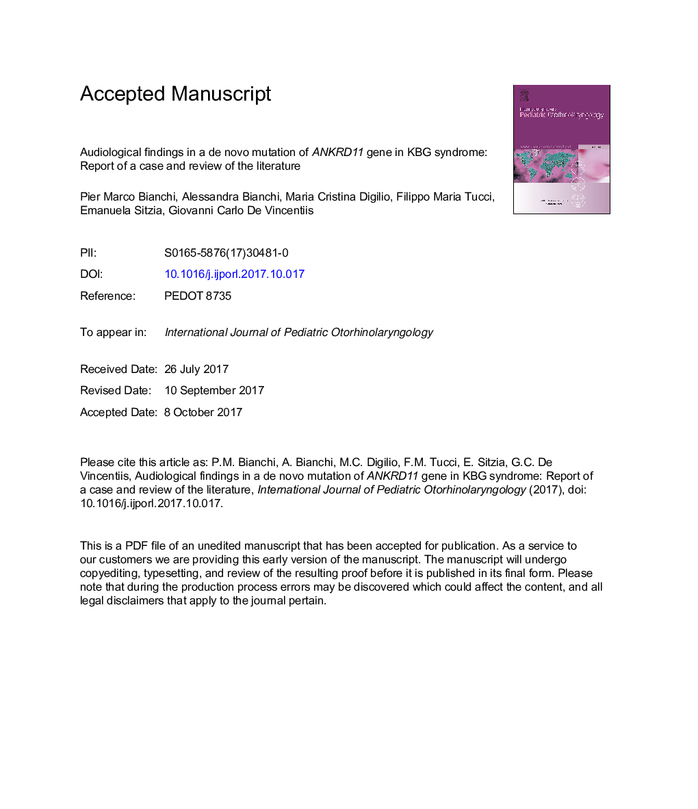 Audiological findings in a de novo mutation of ANKRD11 gene in KBG syndrome: Report of a case and review of the literature