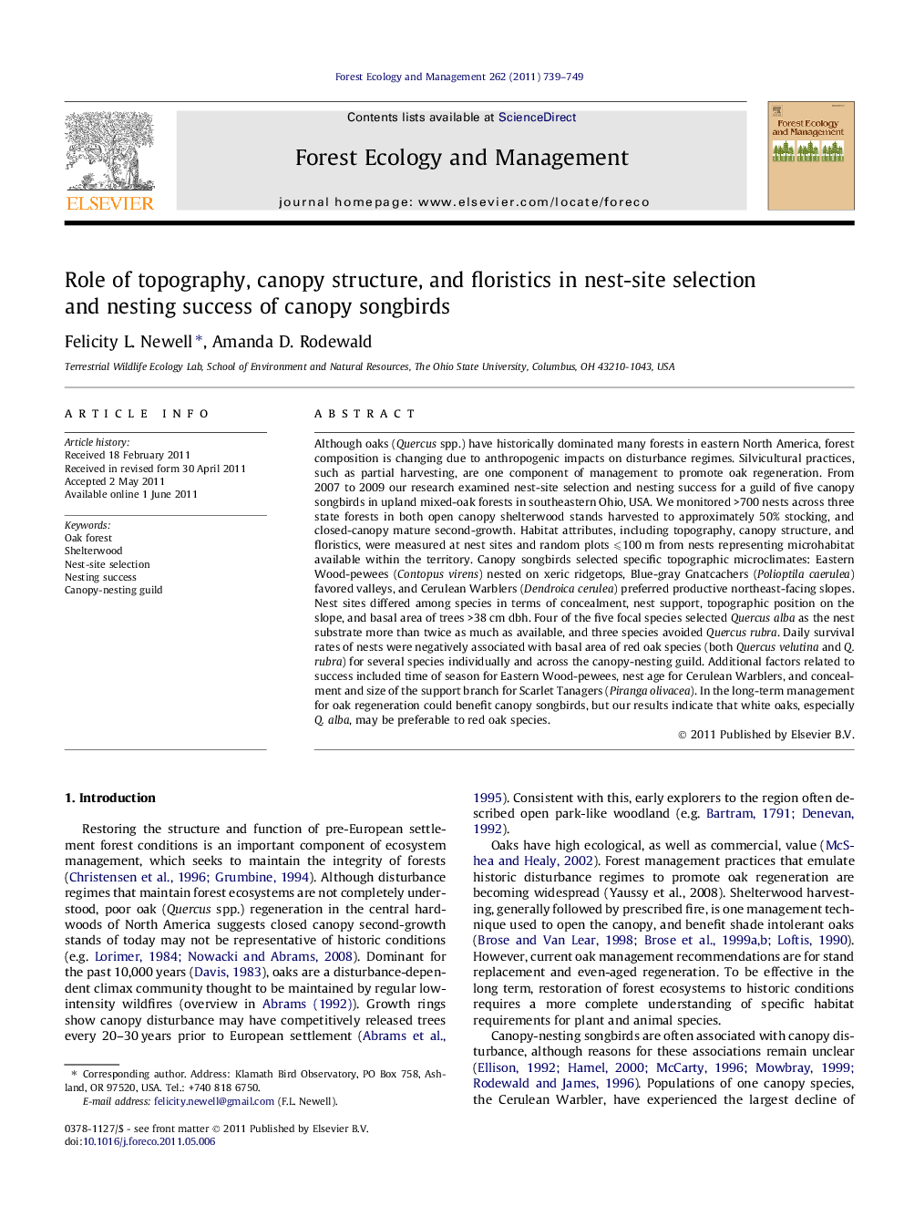 Role of topography, canopy structure, and floristics in nest-site selection and nesting success of canopy songbirds