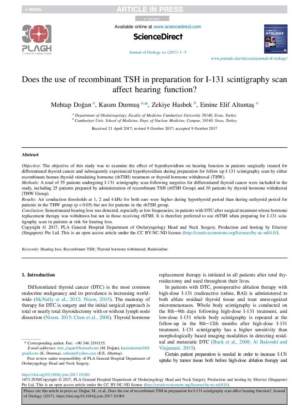 Does the use of recombinant TSH in preparation for I-131 scintigraphy scan affect hearing function?