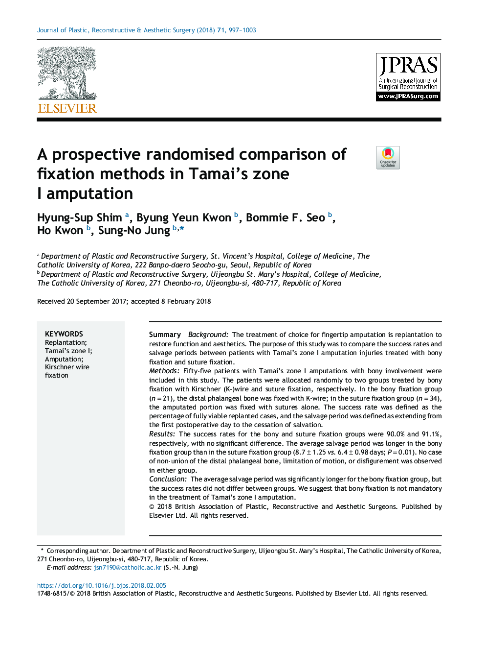 A prospective randomised comparison of fixation methods in Tamai's zone I amputation