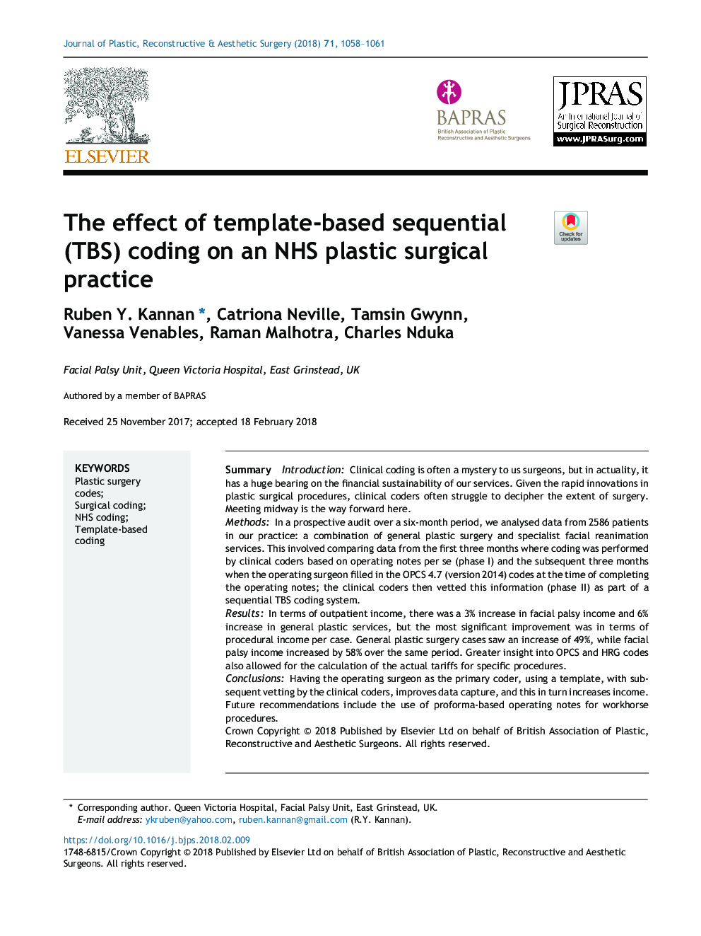 The effect of template-based sequential (TBS) coding on an NHS plastic surgical practice