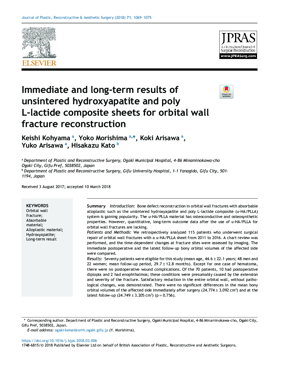 Immediate and long-term results of unsintered hydroxyapatite and poly L-lactide composite sheets for orbital wall fracture reconstruction