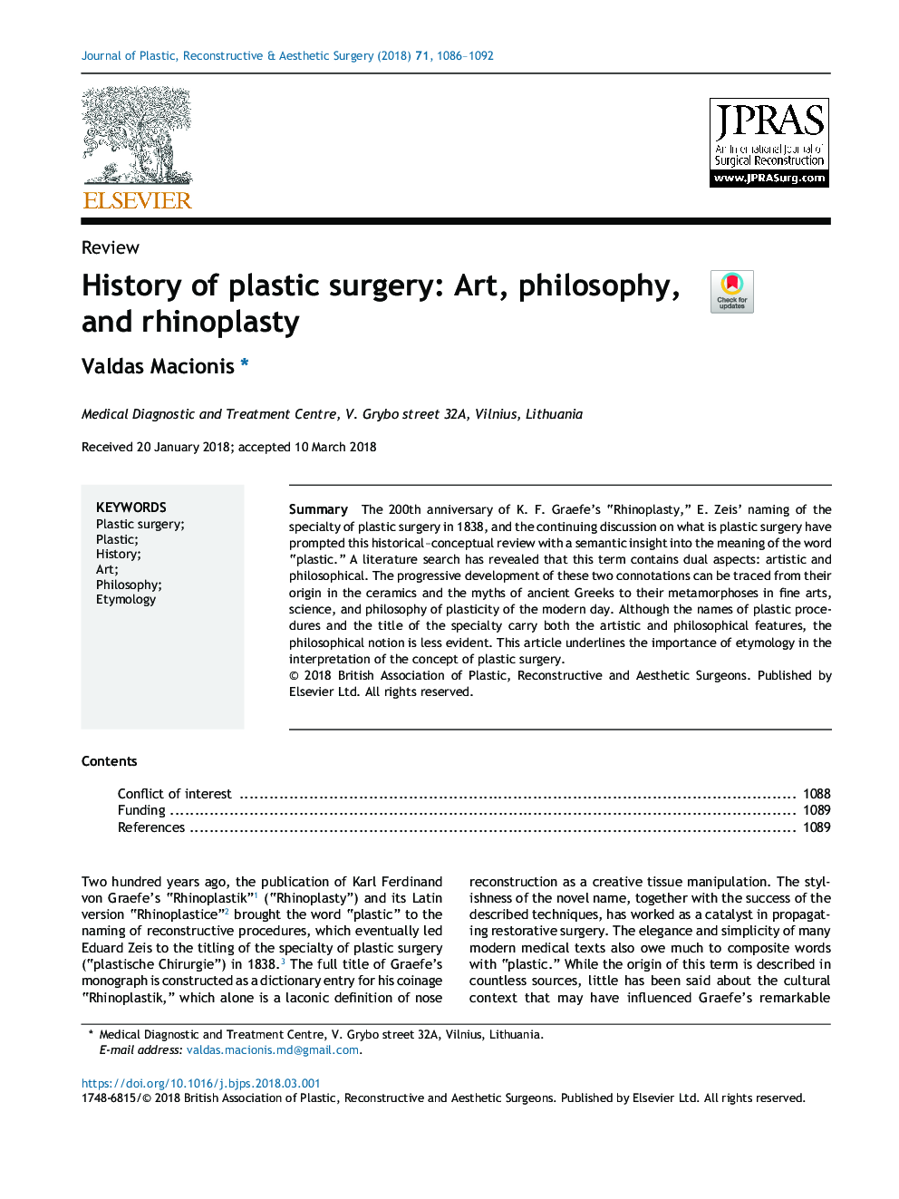 History of plastic surgery: Art, philosophy, and rhinoplasty