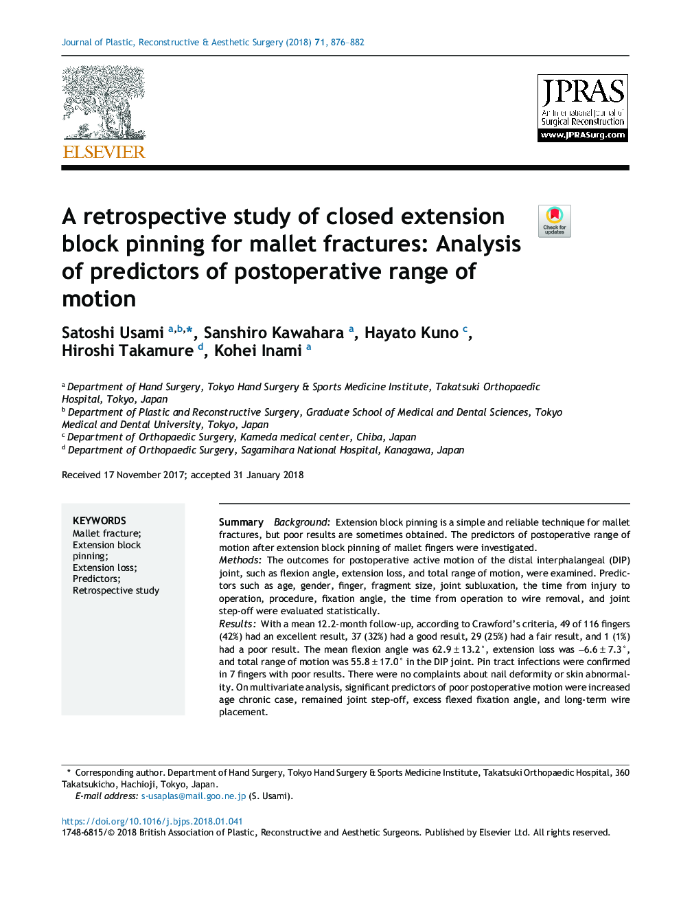 A retrospective study of closed extension block pinning for mallet fractures: Analysis of predictors of postoperative range of motion