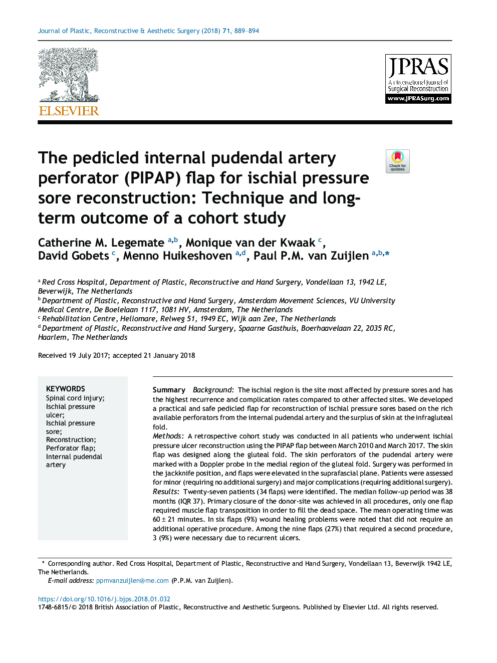 The pedicled internal pudendal artery perforator (PIPAP) flap for ischial pressure sore reconstruction: Technique and long-term outcome of a cohort study