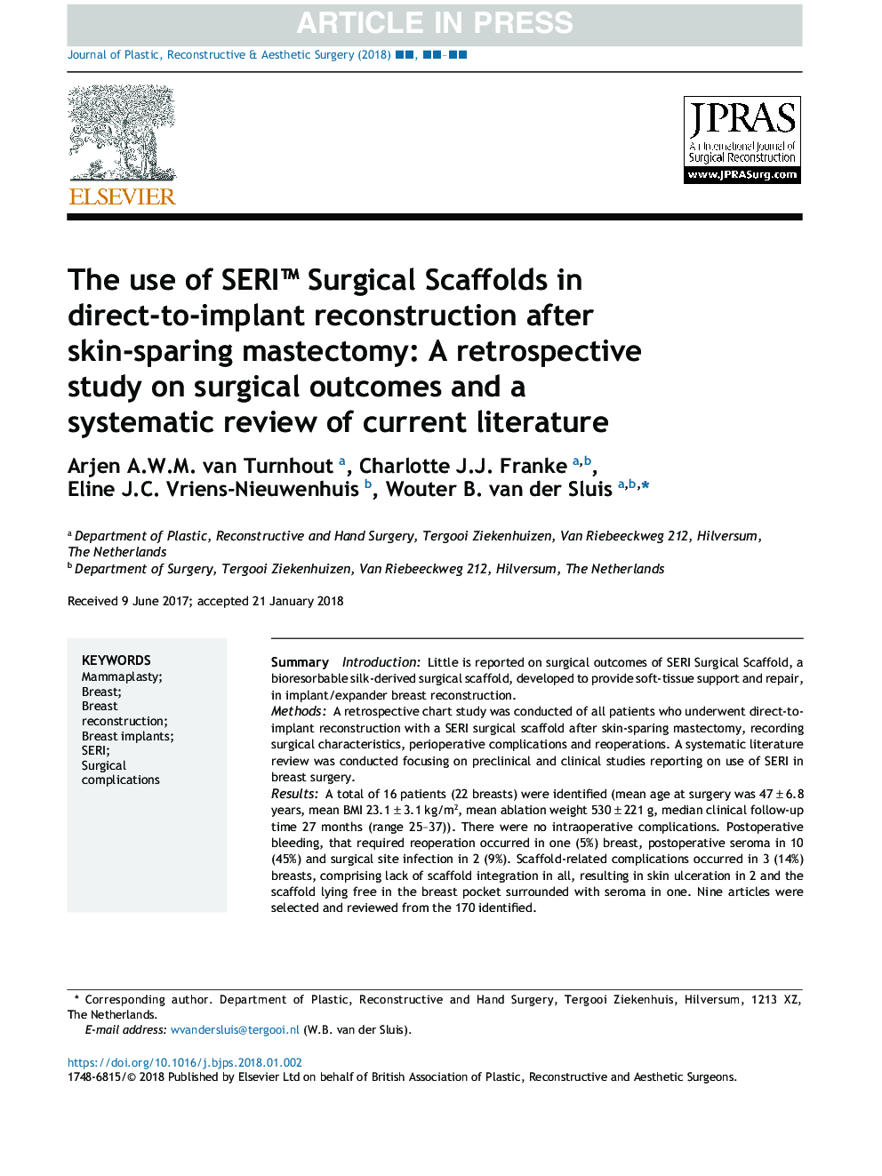 The use of SERIâ¢ Surgical Scaffolds in direct-to-implant reconstruction after skin-sparing mastectomy: A retrospective study on surgical outcomes and a systematic review of current literature