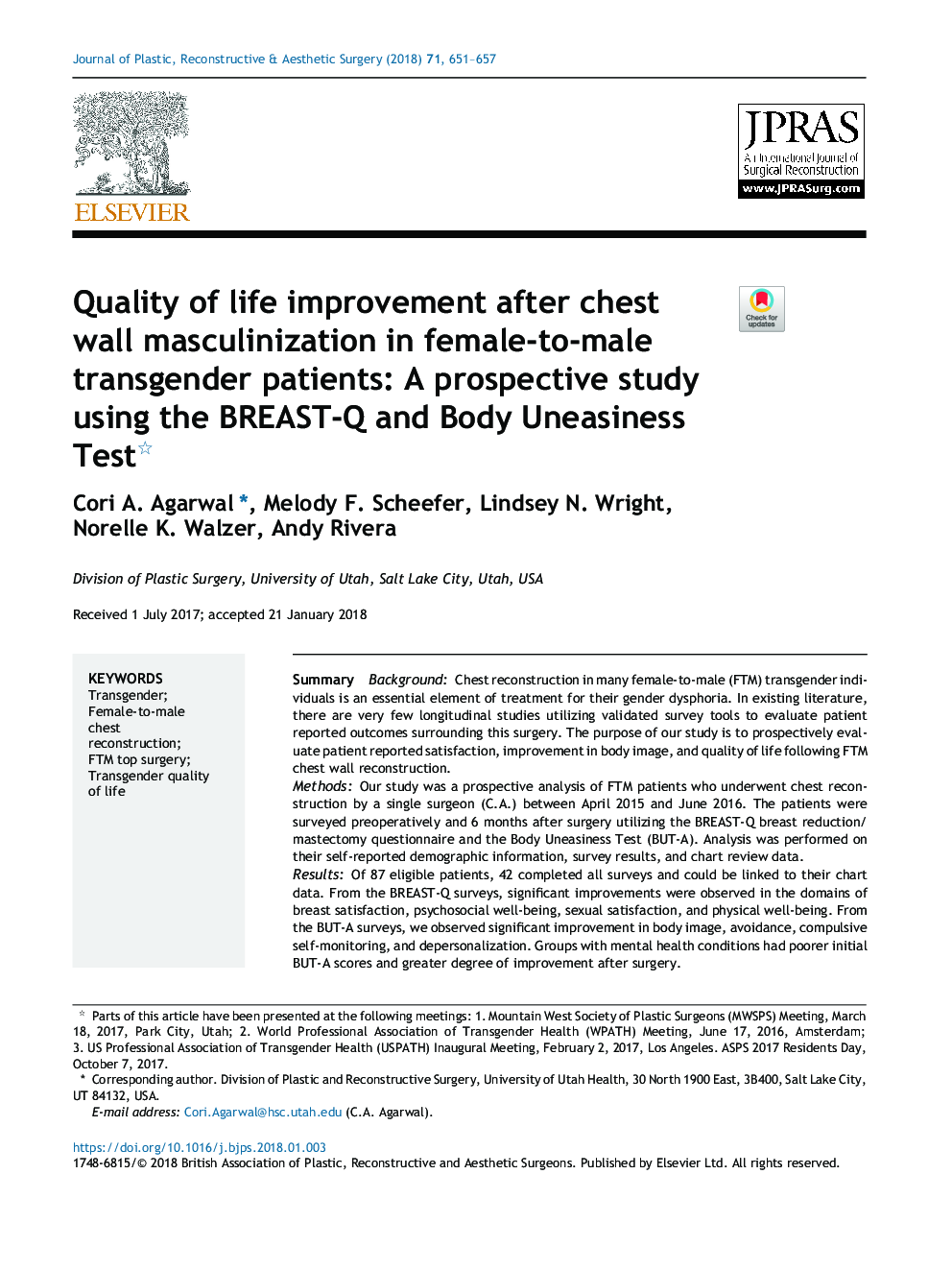 Quality of life improvement after chest wall masculinization in female-to-male transgender patients: A prospective study using the BREAST-Q and Body Uneasiness Test