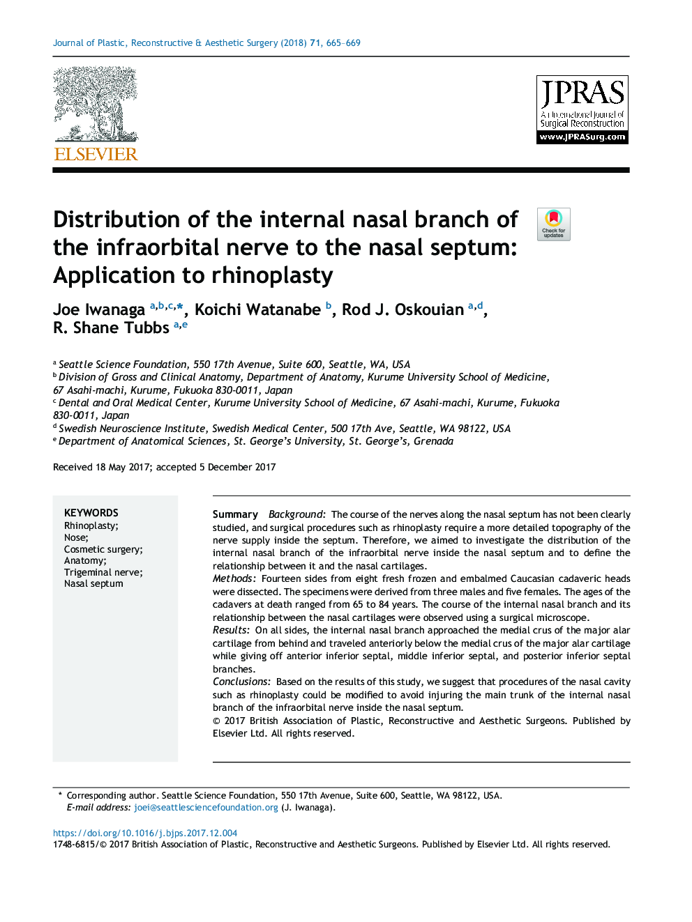 Distribution of the internal nasal branch of the infraorbital nerve to the nasal septum: Application to rhinoplasty