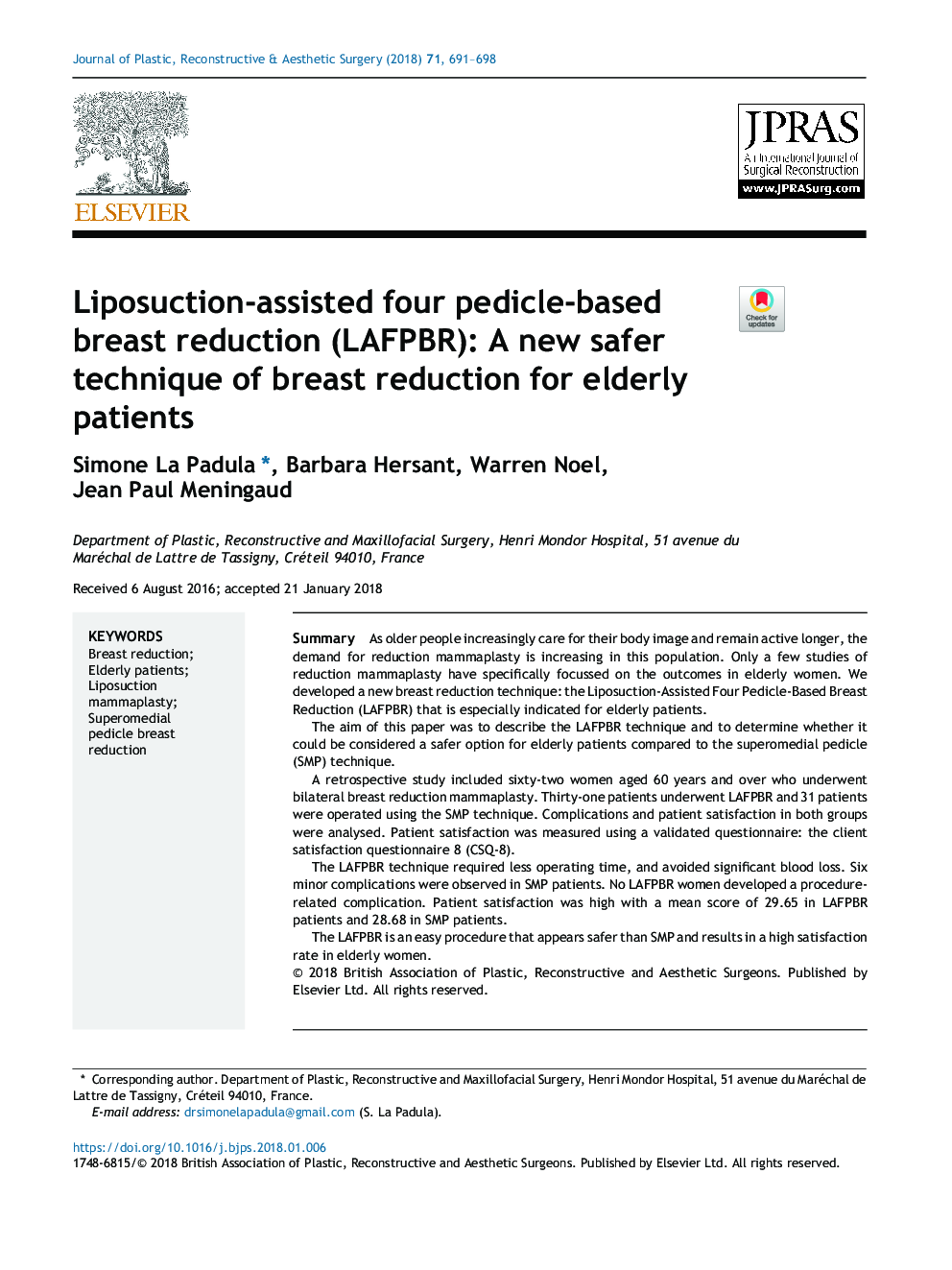 Liposuction-assisted four pedicle-based breast reduction (LAFPBR): A new safer technique of breast reduction for elderly patients