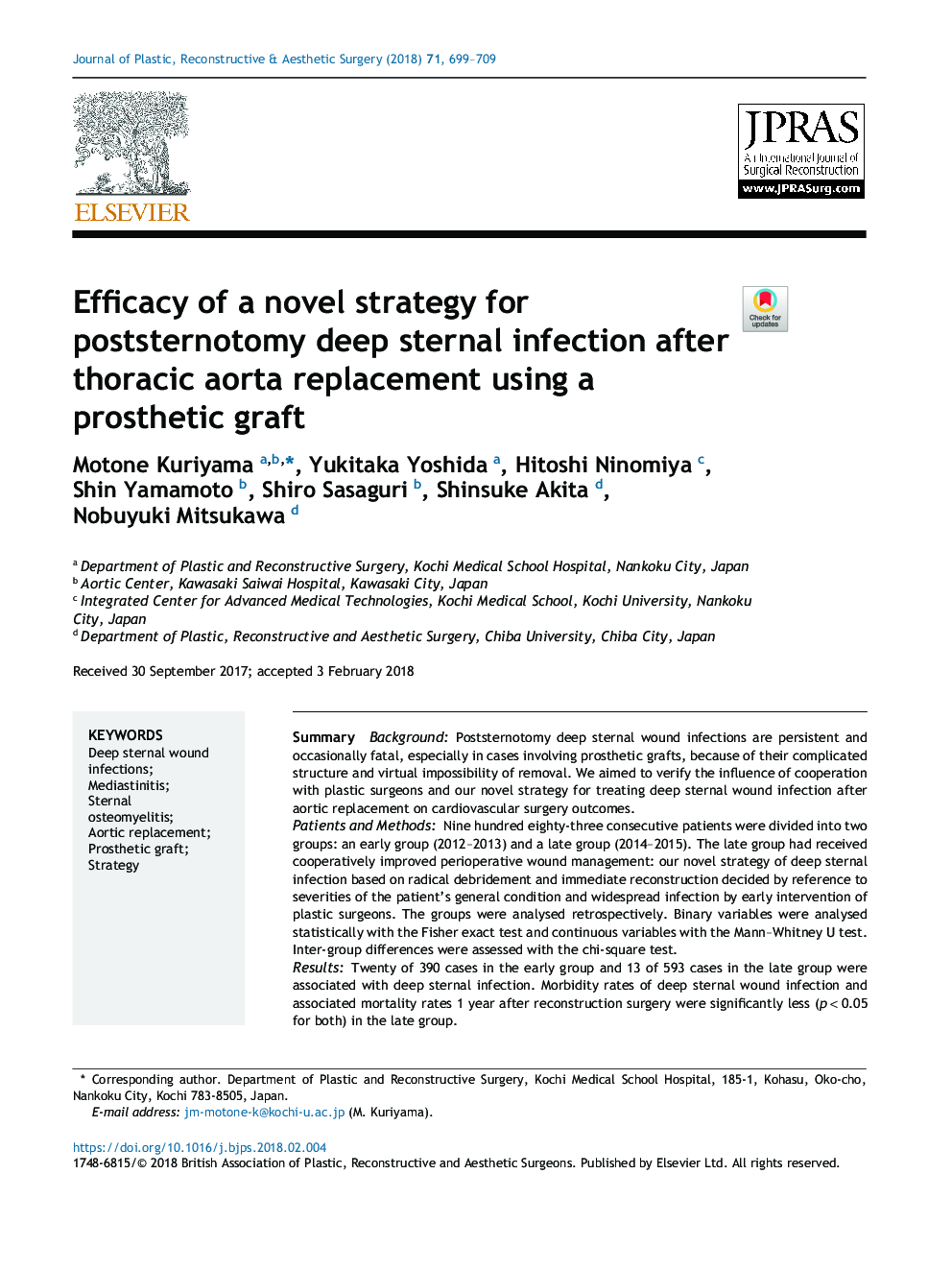 Efficacy of a novel strategy for poststernotomy deep sternal infection after thoracic aorta replacement using a prosthetic graft