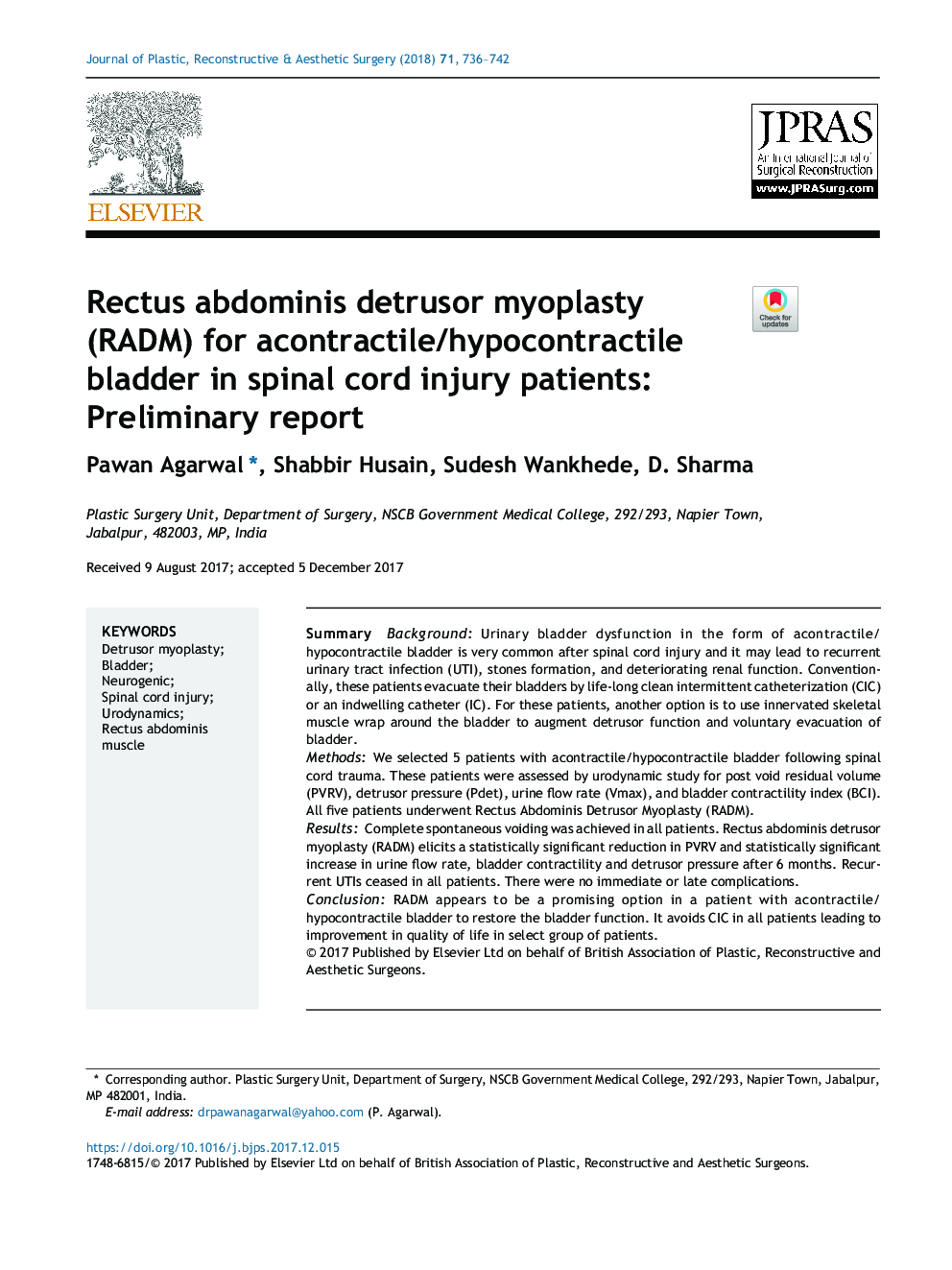 Rectus abdominis detrusor myoplasty (RADM) for acontractile/hypocontractile bladder in spinal cord injury patients: Preliminary report