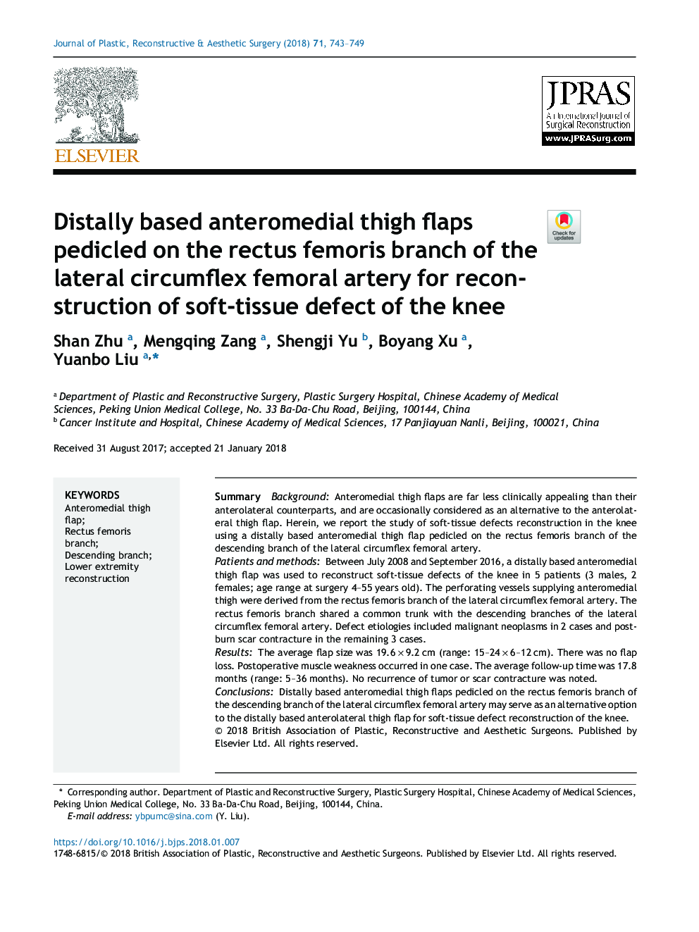 Distally based anteromedial thigh flaps pedicled on the rectus femoris branch of the lateral circumflex femoral artery for reconstruction of soft-tissue defect of the knee