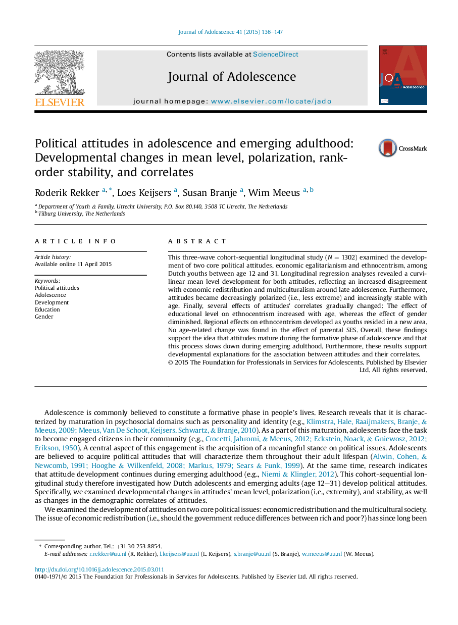 Political attitudes in adolescence and emerging adulthood: Developmental changes in mean level, polarization, rank-order stability, and correlates