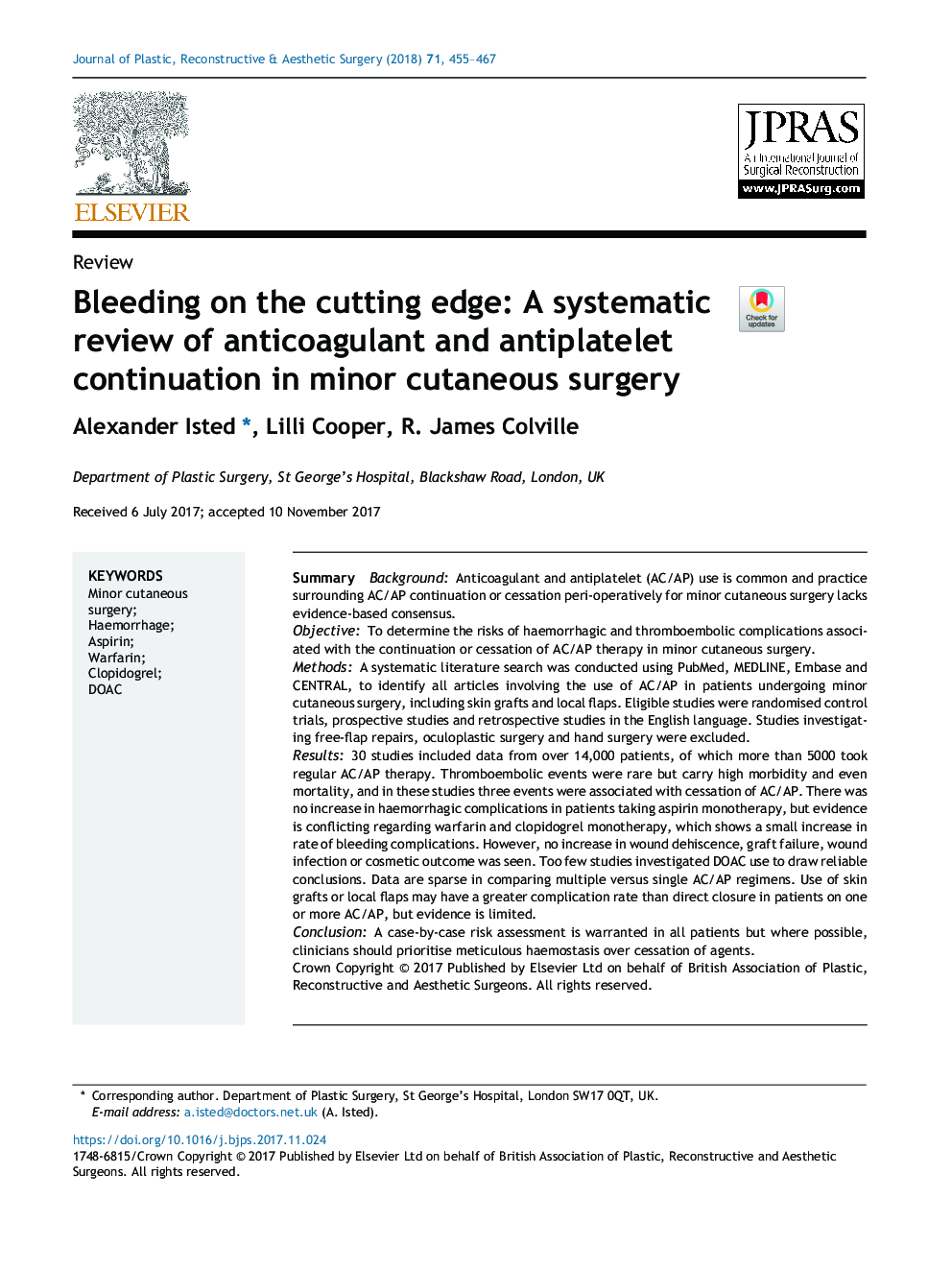 Bleeding on the cutting edge: A systematic review of anticoagulant and antiplatelet continuation in minor cutaneous surgery